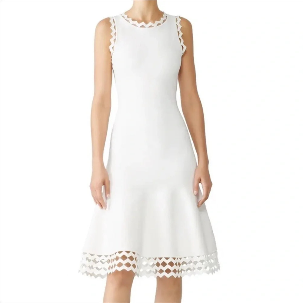 Milly White Diamond Cut Dress Mini Fit Flare Pleated Sleeveless Short S v6x